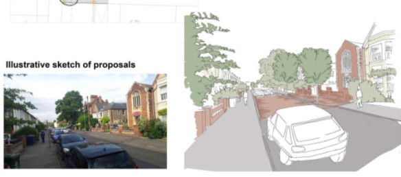 A portion of the proposal for Tenison Road: the impact of parked cars and moving traffic has been de-emphasised.